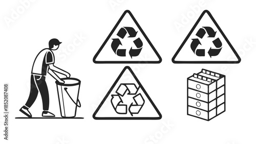 Man Recycling with Bucket, Recycle Triangle Icons, Bin Stack, A black line art illustration featuring a man holding a bucket, three triangular recycling symbols with different arrow patterns, 