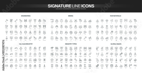 Line icon set covering engineering, mining, raw materials, oil and gas, industry types, and global issues, representing industrial processes and worldwide challenges isolated vector illustration