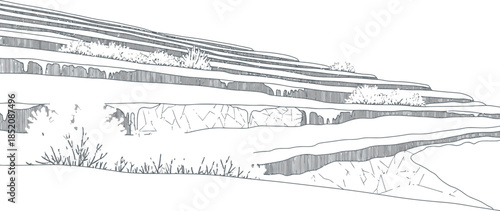 Sketch drawing of icy terraced landscape with frozen shrubs and melting formations representing winter geology