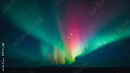 Mesmerizing aurora borealis dancing across a starry night sky, creating vibrant green and purple light waves over a dark horizon. Perfect for nature, astronomy, and atmospheric backgrounds.
