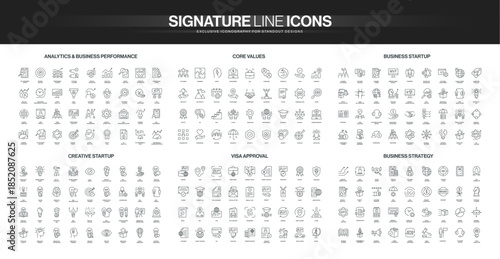 Set of black line icons on themes analytics, business performance, startup, visa approval, core values, and business strategy, for professional presentations, corporate web design vector illustration