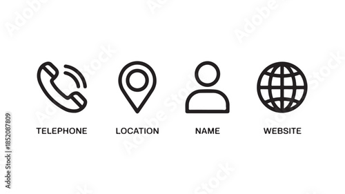 Contact Information Icons in Minimalist Style with Simple Black Lines on White Background for Web Design