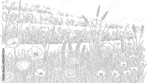 Detailed black and white line art coloring page featuring a diverse meadow filled with wildflowers and rolling hills