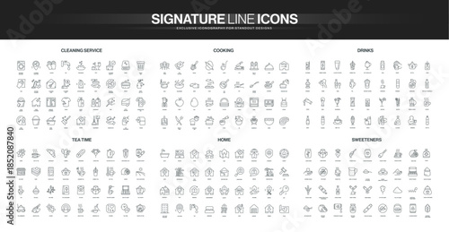 Comprehensive set of line icons covering cleaning, cooking, drinks, tea, home essentials, and sweeteners, ideal for visualizing household and culinary concepts isolated vector illustration