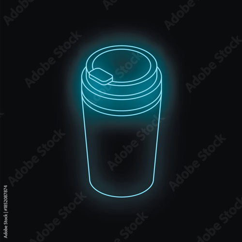 Neon reusable coffee cup glowing on a dark background, representing modern beverage trends