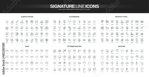 Comprehensive set of thin line icons covering climate change, CO2 emission, industry, wave patterns, extreme weather, and meteorological symbols isolated vector illustration
