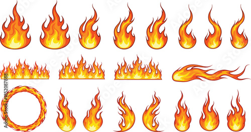Fire Flames Elements Collection With Burning Icons Rings And Blaze Effects Isolated On White Background Flat Vector Illustration