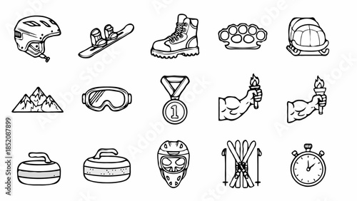 Graphic set of black and white winter sports stickers with bold outlines including helmet, snowboard, and championship medal. Minimalist thick line vector style.