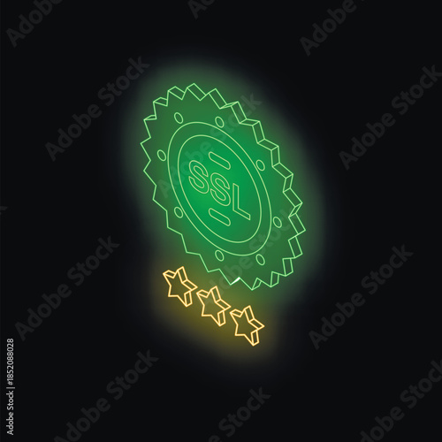 Ssl certificate with three stars representing high quality rating, glowing neon green on black background