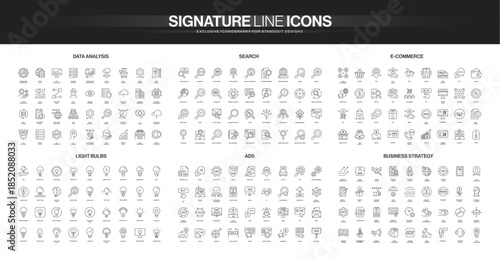 Collection of thin line icons covering data analysis, search, ecommerce, light bulbs, ads, and business strategy concepts, modern minimal style isolated vector illustration