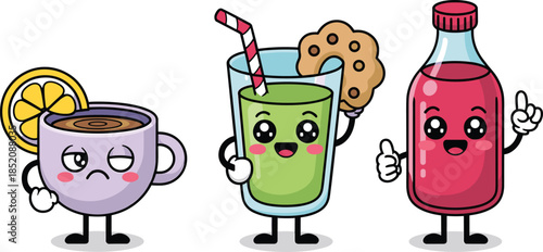 Cartoon beverage character set with tea, juice, and soda showing expressive emotions and accessories for playful themes.