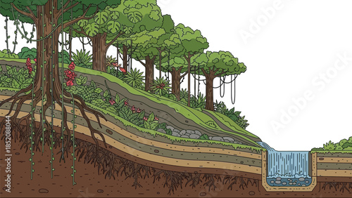 Cross section illustration of a lush jungle hillside showing soil layers tree roots and a small waterfall feature