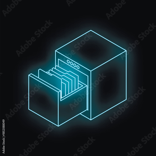 Open filing cabinet emitting a futuristic blue glow, symbolizing digital data storage and access