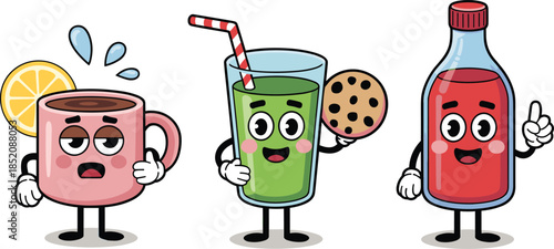 Cartoon beverage character set with tea, juice, and soda showing expressive emotions, accessories, and playful storytelling.