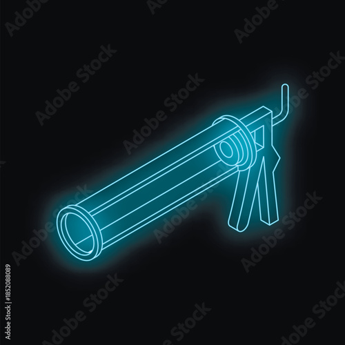 Neon blue silicone sealant gun dispenser glowing on a black background