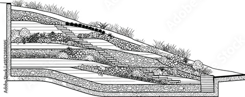 Architectural section drawing illustrating a tiered retaining wall design with integrated terraced planting and stone steps