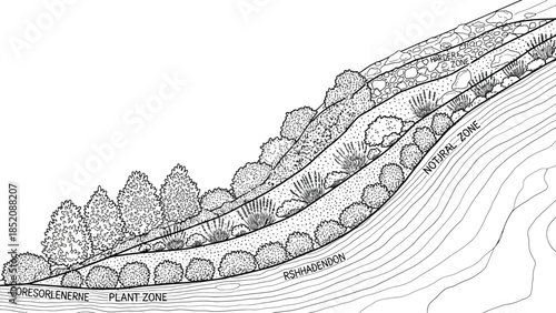 Landscape design diagram illustrating layered planting zones on a sloped terrain with labeled sections