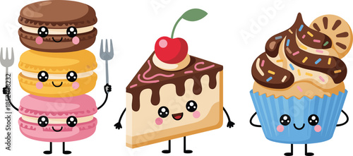 Cartoon dessert character set with macarons, cheesecake slice, and cupcake for playful food, celebration, and educational themes.