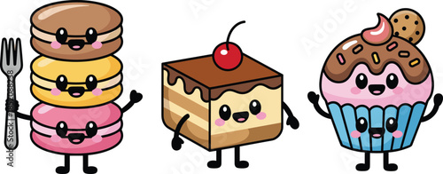 Cartoon dessert character set with macarons, cake slice, and cupcake for playful food, celebration, and educational themes.
