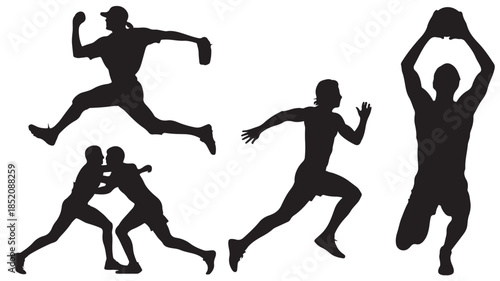 Silhouetted athletes in dynamic poses with dramatic movement in black on white background for sports illustration