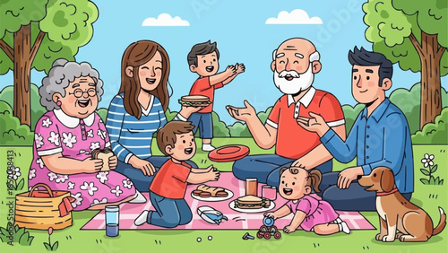 Happy Family Enjoying Picnic Together Outdoors.