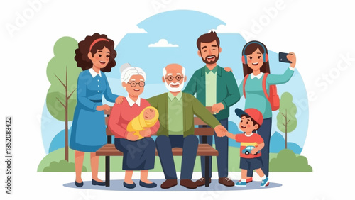 Happy multi-generational family together outdoors smiling.