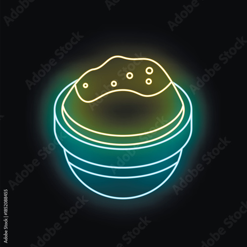 Glowing neon sign depicting a bowl of hummus topped with spices, creating a vibrant and appetizing image