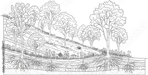 Diagram illustrating different tree root systems and soil layers in a cross section view