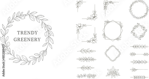 Minimalist botanical line art elements, floral wreaths, leafy dividers, elegant corner decorations for invitations, logos, branding, wedding design, stationery, illustration