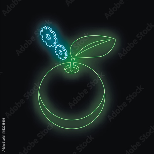 Neon green apple growing with gears, symbolizing genetic modification in food production