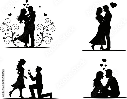 Romantic couple silhouette, love proposal, intimate moments, heart symbols, black vector illustration for Valentine, relationship, affection, wedding, stock design