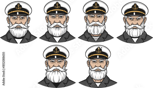 Sea captain illustration, white beard, naval hat, anchor emblem, maritime character design for nautical theme, folklore, branding, adventure, vector art