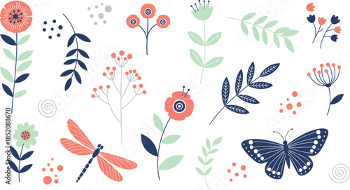 Hand Drawn Floral And Botanical Elements With Leaves Flowers And Butterfly Isolated On White Background Modern Flat Vector Illustration