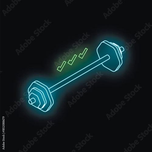 Glowing neon barbell symbolizes achieving fitness goals, visualized by check marks