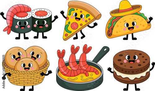 Cartoon international food character set with sushi, pizza, taco, dumplings, shrimp pan, and ice cream sandwich.