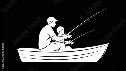 Father and Son Fishing Together in a Boat.