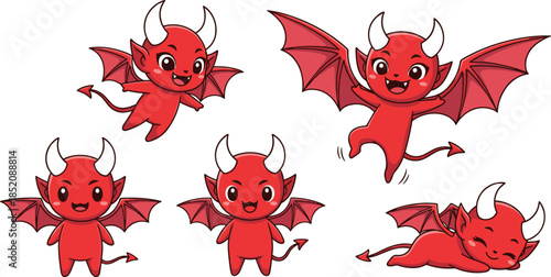 Cartoon red devil character, flying and sleeping poses, white horns, bat wings, Halloween fantasy vector for kids, playful demon illustration