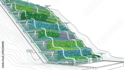 Futuristic tiered hydroponic farm design featuring drone monitoring and integrated water recycling systems