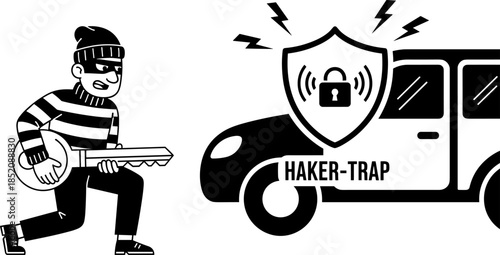 Cartoon thief with key near car, shield padlock, HAKER-TRAP anti-theft system, vehicle security alert concept for protection, illustration, design