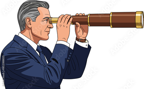 Businessman with telescope, vision concept, strategic foresight illustration, cartoon style, white background, opportunity search, leadership metaphor, future planning