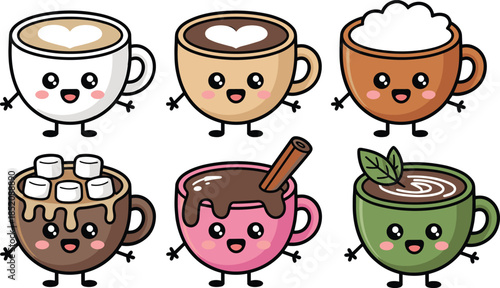 Cartoon hot beverage character set with latte art, toppings, and cheerful expressions for café, drink, and seasonal themes.