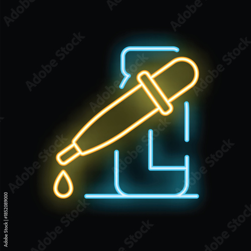 Bright neon icon of a dropper pouring liquid into a beaker on a black background