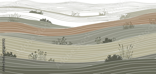 Abstract rolling hills landscape featuring layered earth tones and minimalist line work in muted organic colors