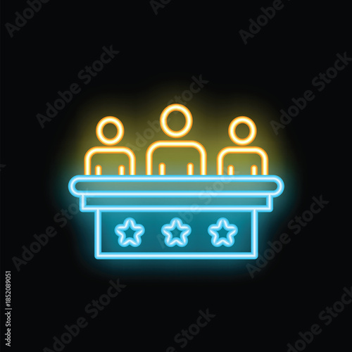 Neon icon of a jury sitting at a table, symbolizing the concept of justice and legal proceedings