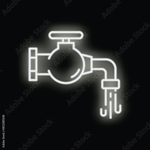 White glowing neon line garden tap icon isolated on black background