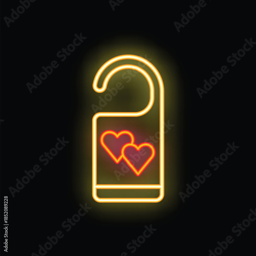 Glowing neon door hanger with two hearts is announcing love is in the air