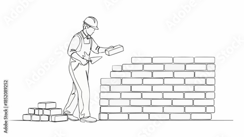 Bricklayer Constructing a Wall with Bricks and Mortar.