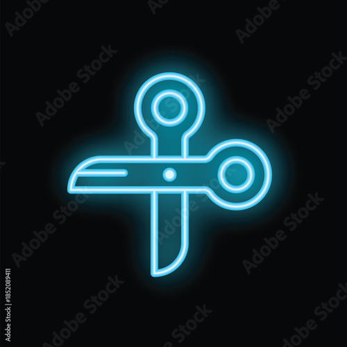 Blue neon sign of scissors shining brightly against a dark background