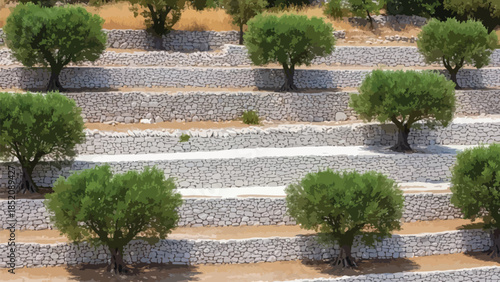 Terraced olive grove landscape featuring ancient stone walls and lush green trees under sunlight
