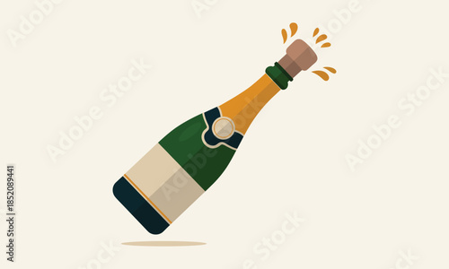 Champagne bottle with popping cork and splashing liquid